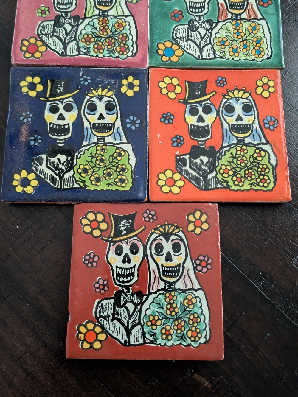 Day of the Dead Bride & Groom Decorative Tile Coasters - Colorful Skull Couple